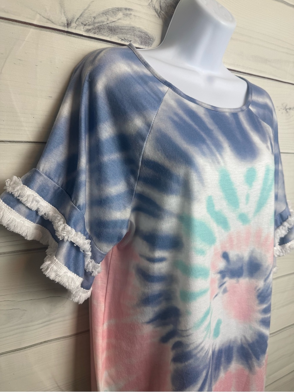 Soft Tie-Dye Short Sleeve Fringe Top - Pastel Blue, Pink & Mint - Picture 5 of 9